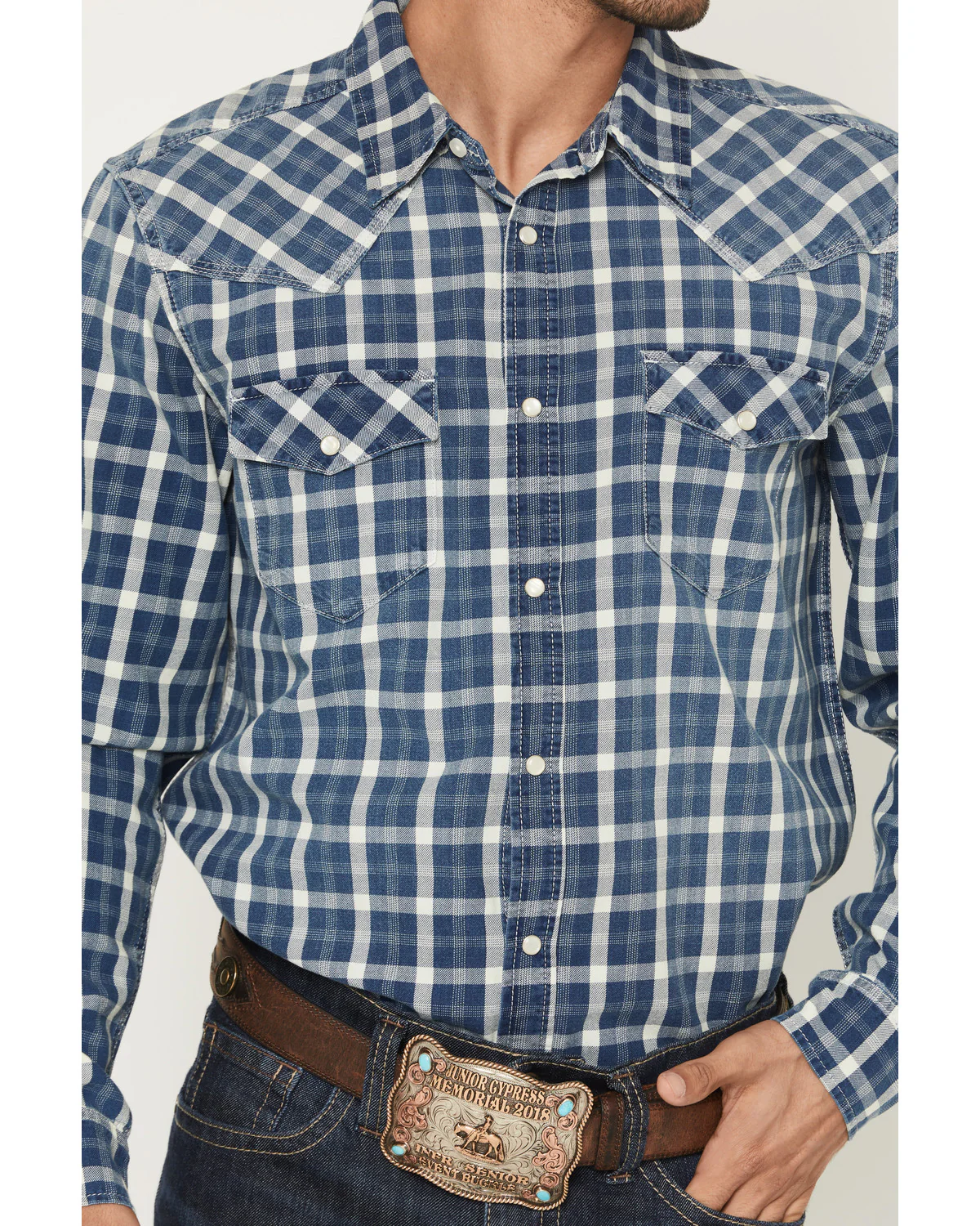 Cody James Men's Conaway Denim Plaid Print Long Sleeve Snap Western Shirt - Image 3
