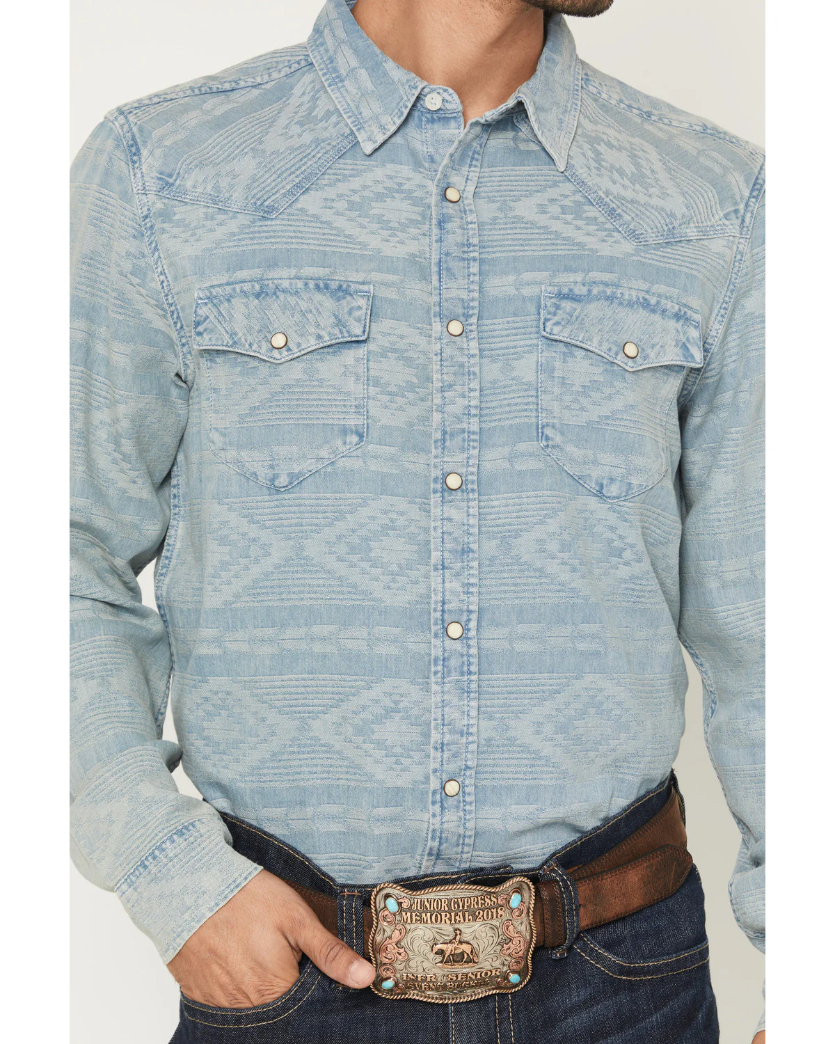 Cody James Men's Marley Tonal Southwestern Long Sleeve Snap Denim Western Shirt - Image 3